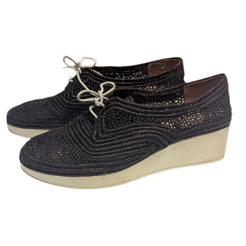Robert Clergerie Lisa Platform Raffia‎ Shoe Black Sneaker Derby Size 37.5 Boho